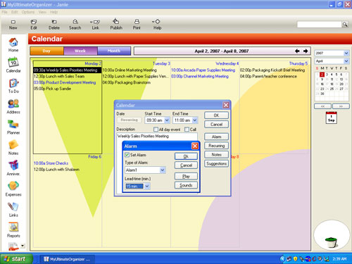 Set alarms to remind you in advance of upcoming events.
