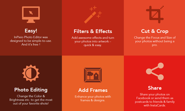 Features - Easy, Filters & Effects, Cut & Crop, Photo Editing, Add Frames, Share